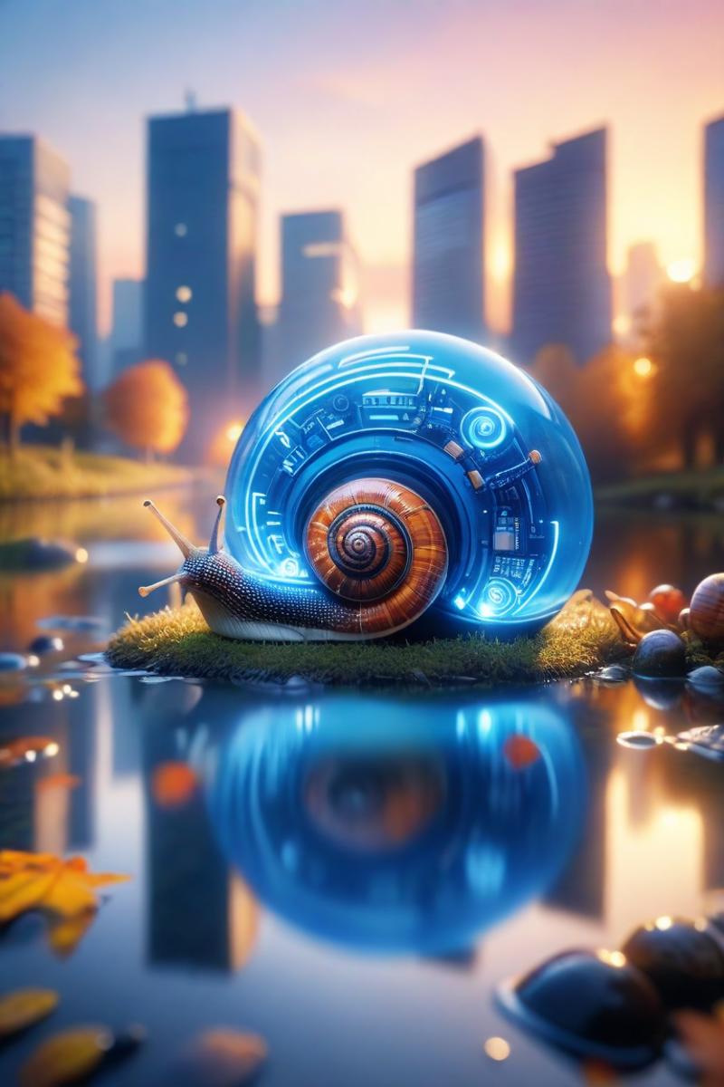 1 snail,A blue electronic components shell,mini city in the shell,pond,real-semiconductor,(haze lighting:1.2),sunset,autum...
